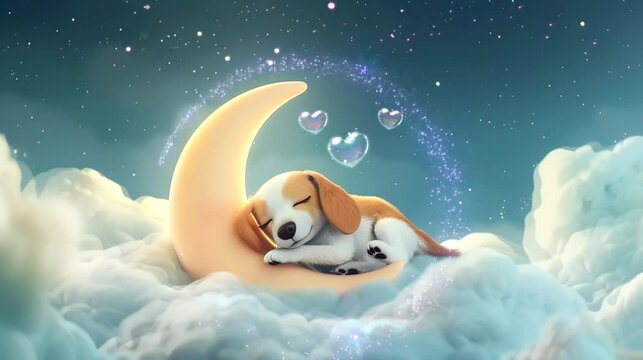 A puppy sleeping on moon in the sky. Seamless loop video background