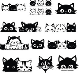 peeking cat group silhouette black and white vector illustration cute sticker set, car sticker collection
