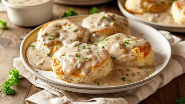Zooming in on a delicious Plate of Biscuits with Sausage Gravy