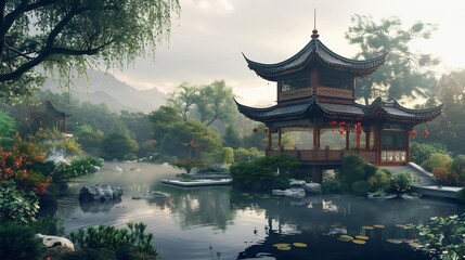 Serene Chinese Garden with Pagoda and Misty Pond