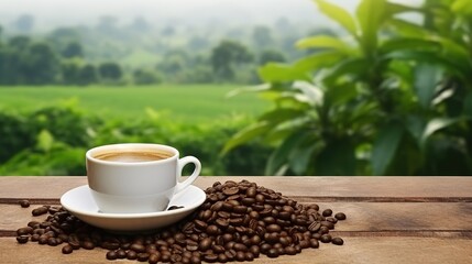 Coffee Cup With Beans on Wooden Table With Blurred Background