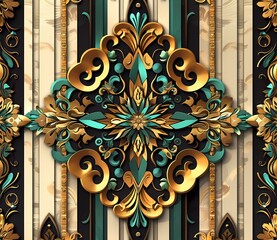3D render, flat design, colorful seamless pattern with geometric and floral elements in beige, teal, black, green, and gold on a background 
