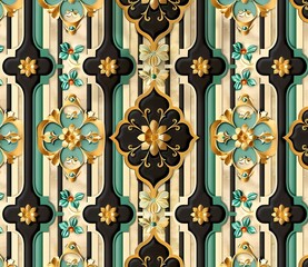 3D render, flat design, colorful seamless pattern with geometric and floral elements in beige, teal, black, green, and gold on a background 