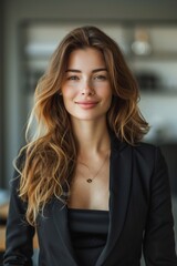Fototapeta premium A confident young woman with long hair, dressed in a black blazer, smiling in a modern office environment.