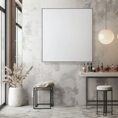 Modern apartment with square blank canvas mockup in a framed display on the wall, ideal for highlighting creative work