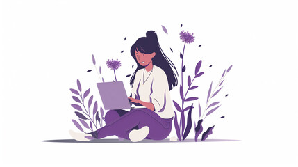 Obraz premium A happy woman working on her laptop, surrounded by decorative plants.