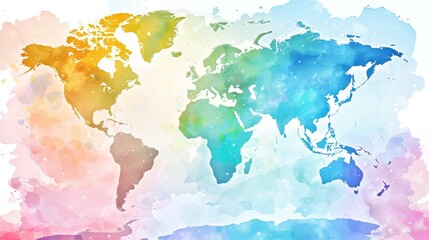Obraz premium A colorful watercolor world map, with each continent painted in a different pastel shade