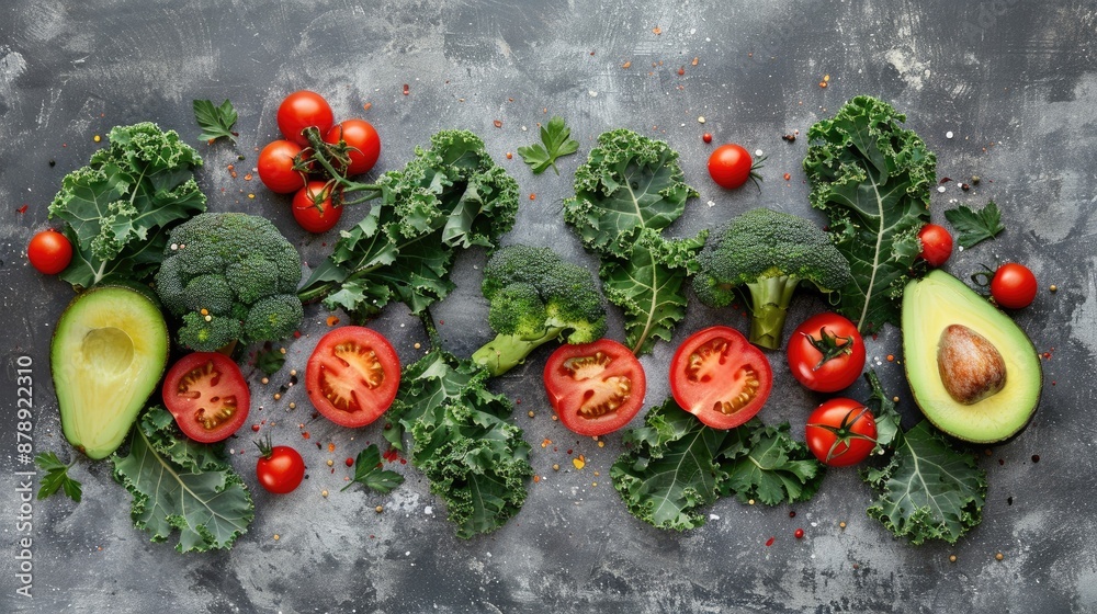 Canvas Prints Vegetarian flat lay with fresh organic produce Raw food idea featuring avocado kale and tomatoes Natural fruits and veggies on concrete backdrop Clean eating assortment