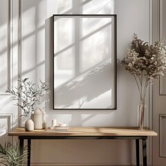 medium vertical blank frame mock-up on a table in a hallway. perfect for showcasing your artwork or photos in a stylish entryway