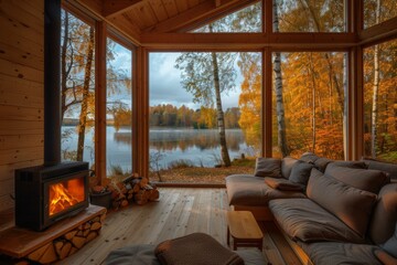 Fototapeta premium A cozy wooden cottage with a fireplace and large windows offering views of a serene lake and forest in autumn colors.