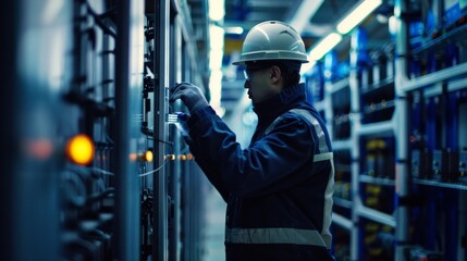 a worker checking on an electronic device in an industrial facility, in the style of striped arrangements, dynamic energy flow, navy and indigo, AI Generative