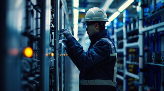 a worker checking on an electronic device in an industrial facility, in the style of striped arrangements, dynamic energy flow, navy and indigo, AI Generative - Powered by Adobe