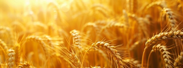 a beautiful golden wheat crops field in the sunrise morning. wide banner wallpaper texture background for ad web design and print with blank copy space for edit and text