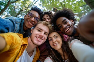diverse friends chilling outside taking group selfie and smiling