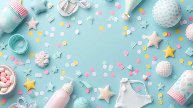 Baby items on pastel background