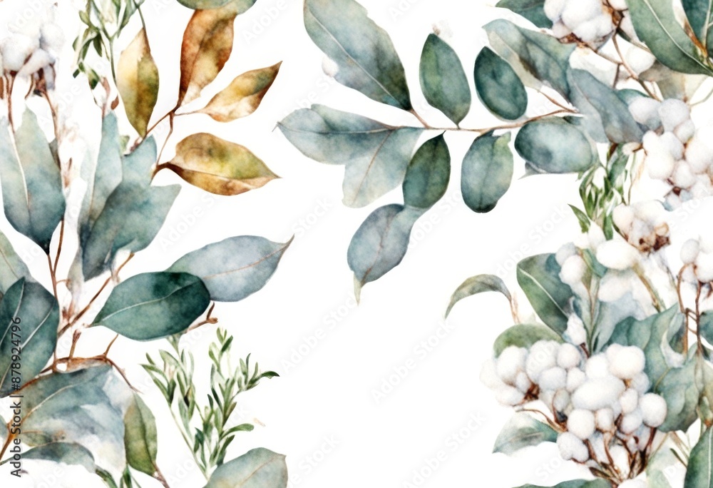 Wall mural beautiful eucalyptus christmas autumn winter print e flowers border cotton leaves delicate watercolo