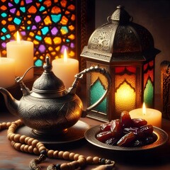 Traditional silver teapot with intricate designs placed next to a plate of dates on a table Generated by AI