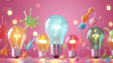 Colorful lightbulbs floating against a vibrant pink background, symbolizing creativity and innovation with a festive, celebratory vibe.
