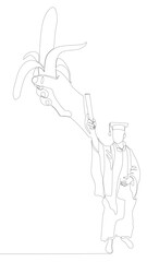 One continuous line of Graduati man with banana. Thin Line Illustration vector concept. Contour Drawing Creative ideas.