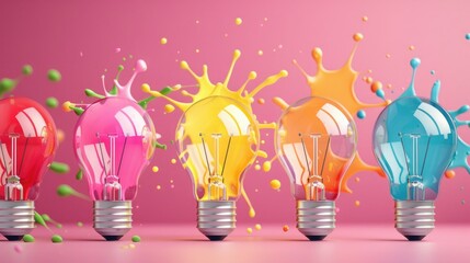 Creative concept of colorful lightbulbs splashing with paint on pink background, representing innovation and ideas in vibrant colors.
