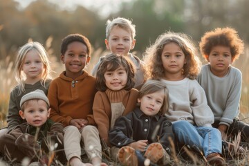 Fototapeta premium Group of cute diverse kids sitting together in park and looking at camera