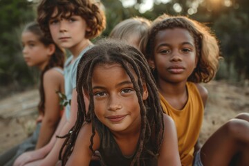 Obraz premium Group of cute diverse kids sitting together in park and looking at camera