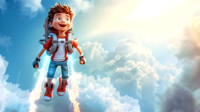 A boy with jetpack fly to the sky. Seamless looping time-lapse 4k video animation background