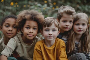 Fototapeta premium Group of cute diverse kids sitting together in park and looking at camera
