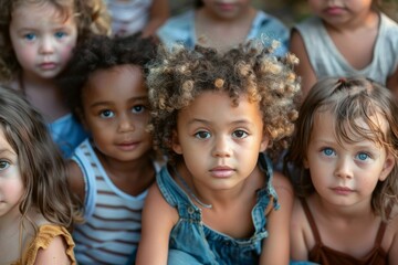 Obraz premium Group of cute diverse kids sitting together in park and looking at camera