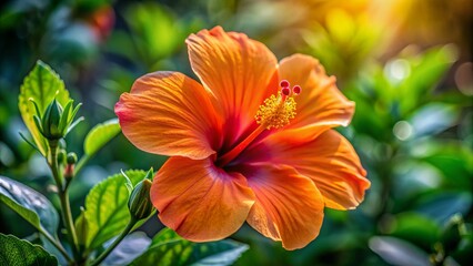 Fototapeta premium Vibrant orange hibiscus flower with delicate petals and prominent stamen against a blurred green leafy background in natural outdoor setting.