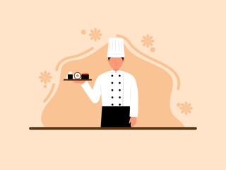 Japanese chef display sushi. Japanese vector illustration	