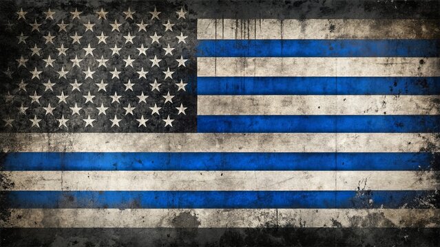 Faded, distressed, patriotic graphic featuring a worn, frayed thin blue line American flag with subtle grunge texture and weathered edges.