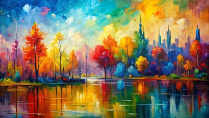 Vibrant abstract oil painting closeup featuring rough brushstrokes, textured palette knife strokes, and multicolored hues on canvas background.