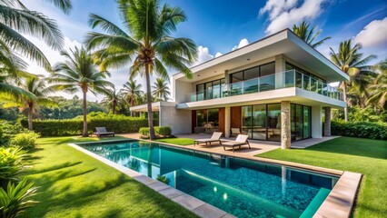 Fototapeta premium Luxurious modern villa overlooking serene turquoise swimming pool surrounded by lush green lawn and tropical palm trees under sunny sky.