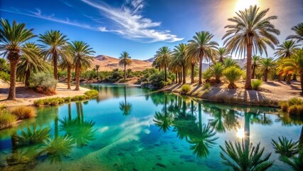 Serene desert landscape features shimmering oasis in distance surrounded by tall palm trees and crystal-clear turquoise water under bright sky.