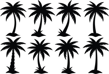 Palm tree Silhouette Set, set of black silhouettes of a palm tree, silhouette of a palm tree isolated
