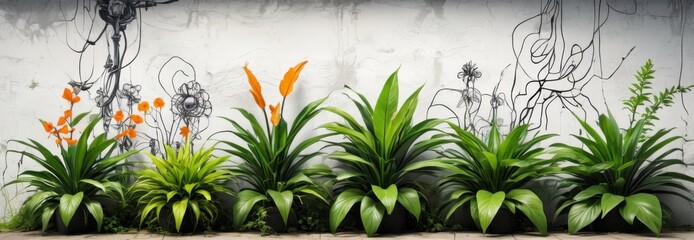 Green Plants Against a White Wall with Black Lines.