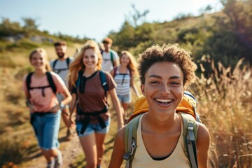 Fototapeta premium Happy group of friends hiking together on a summer day