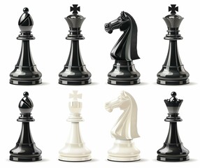 Realistic Chess Pieces Illustration Showing Black and White Bishop, Knight, Queen, and Rook for Game Strategy and Education.