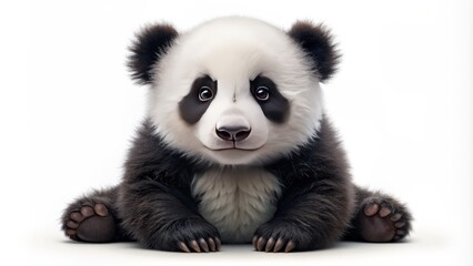 Fototapeta premium Adorable isolated panda bear cub sitting alone on a transparent background with cute facial expression and black white fur.