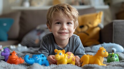 Fototapeta premium Happy Little Boy Playing with Toys on a Couch