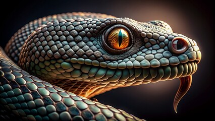 A menacing serpent's scaly skin and piercing eyes dominate the frame in a stark, dimly lit, isolated studio setting.
