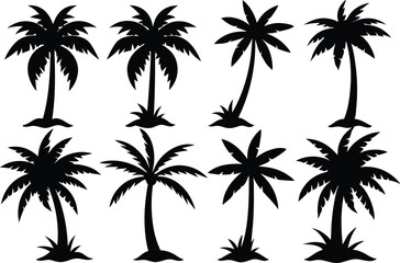 Palm tree Silhouette Set, set of black silhouettes of a palm tree, silhouette of a palm tree isolated
