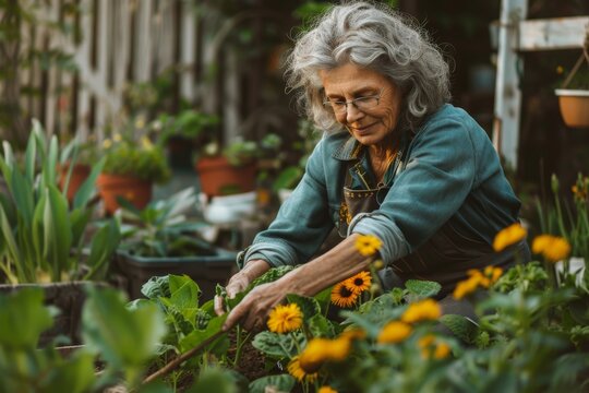 Senior woman with gardening tool working in her backyard garden