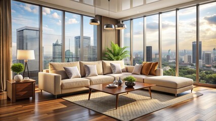 Cozy living room interior with elegant cream-colored couch, modern coffee table, and floor-to-ceiling windows with a cityscape view outside.