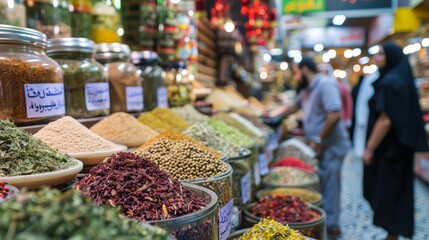 Busy spice souk in Dubai with colorful displays of herbs and spices