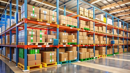 Fototapeta premium Organized warehouse scene featuring neatly stacked cardboard boxes with colorful labels and clear tape, ready for shipping and storage.