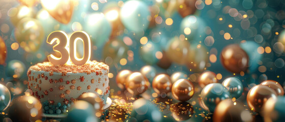 A beautifully decorated 30th birthday cake surrounded by shimmering balloons and lights, creating a festive and magical ambiance.