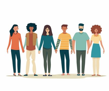 Illustrated Group of Diverse People Holding Hands - Community, Unity, and Togetherness