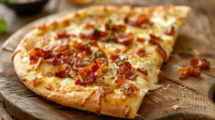 A piece of delicious pizza with soft melted cheese and bacon pieces